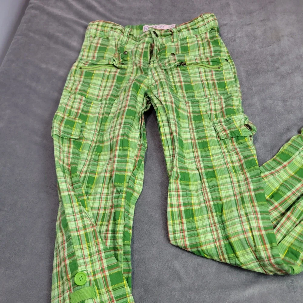 The Childrens Place Kids Green Plaid Cargo Pants‎ Metallic Adjustable Waist 10